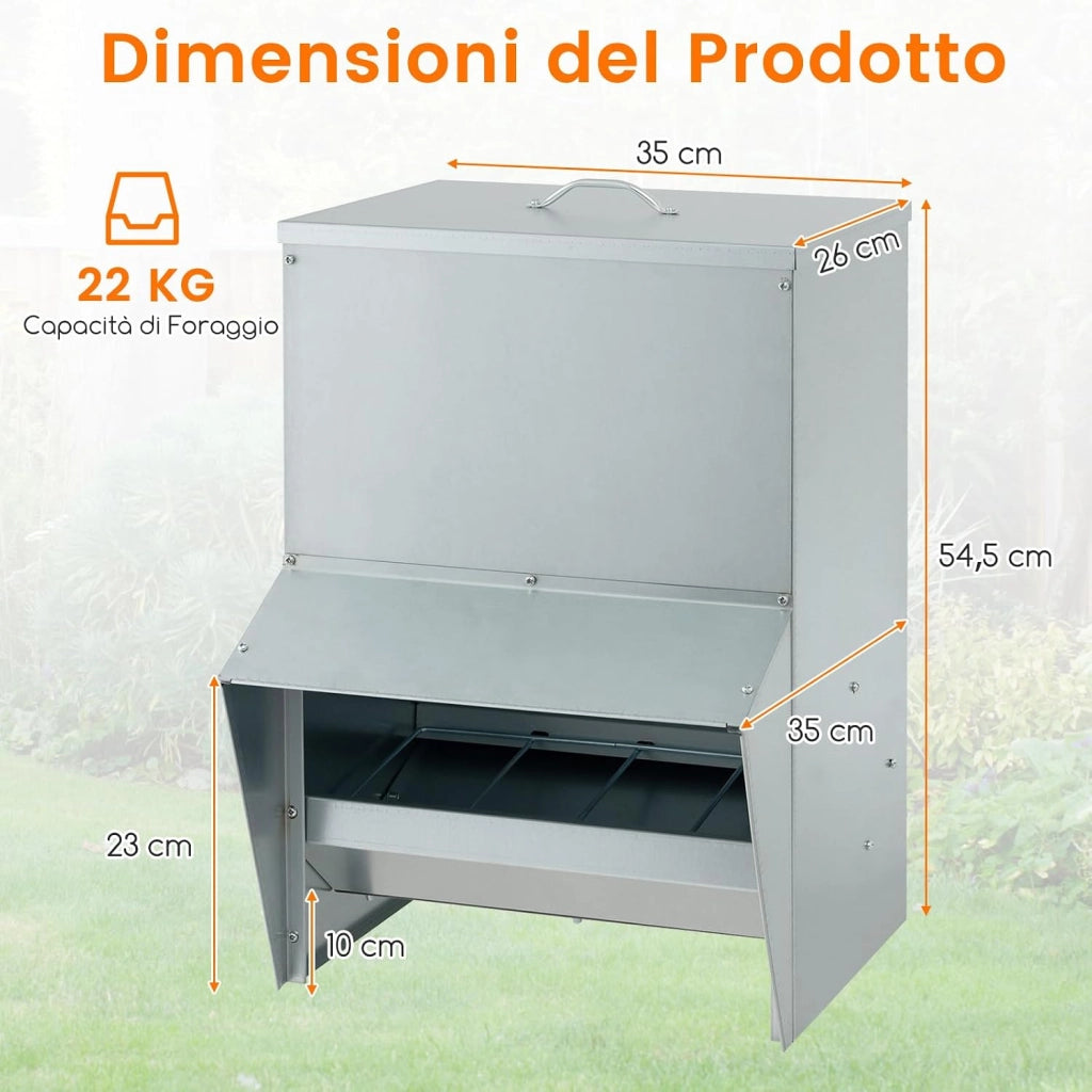 Mangiatore per Galline da 22kg in Acciaio Zincato, Mangiatoia Automatica a Muro con Coperchio, Forniture Agricole per Polli, Anatre, Tacchini e Oche, 35 x 35 x 55 cm