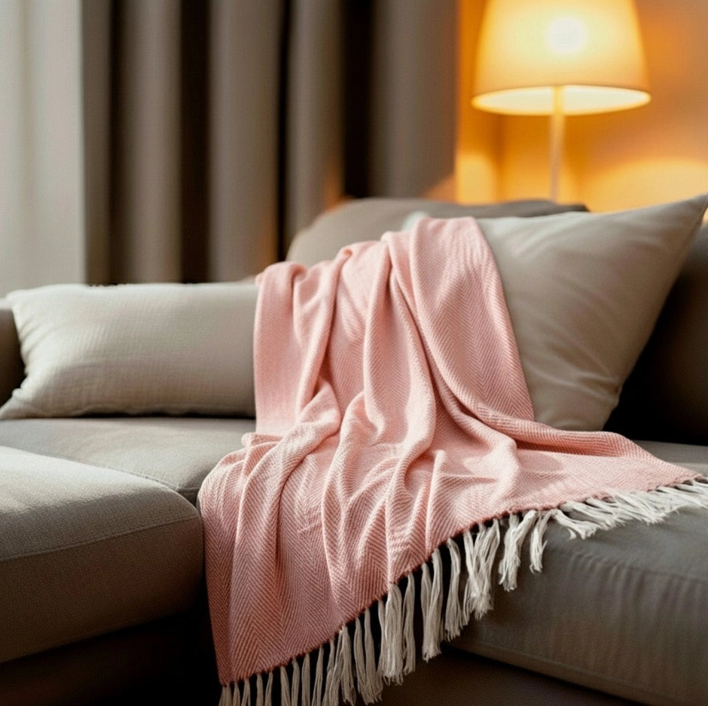 100% cotone rosa salmone plaid con frange 180x220cm ZIGORA