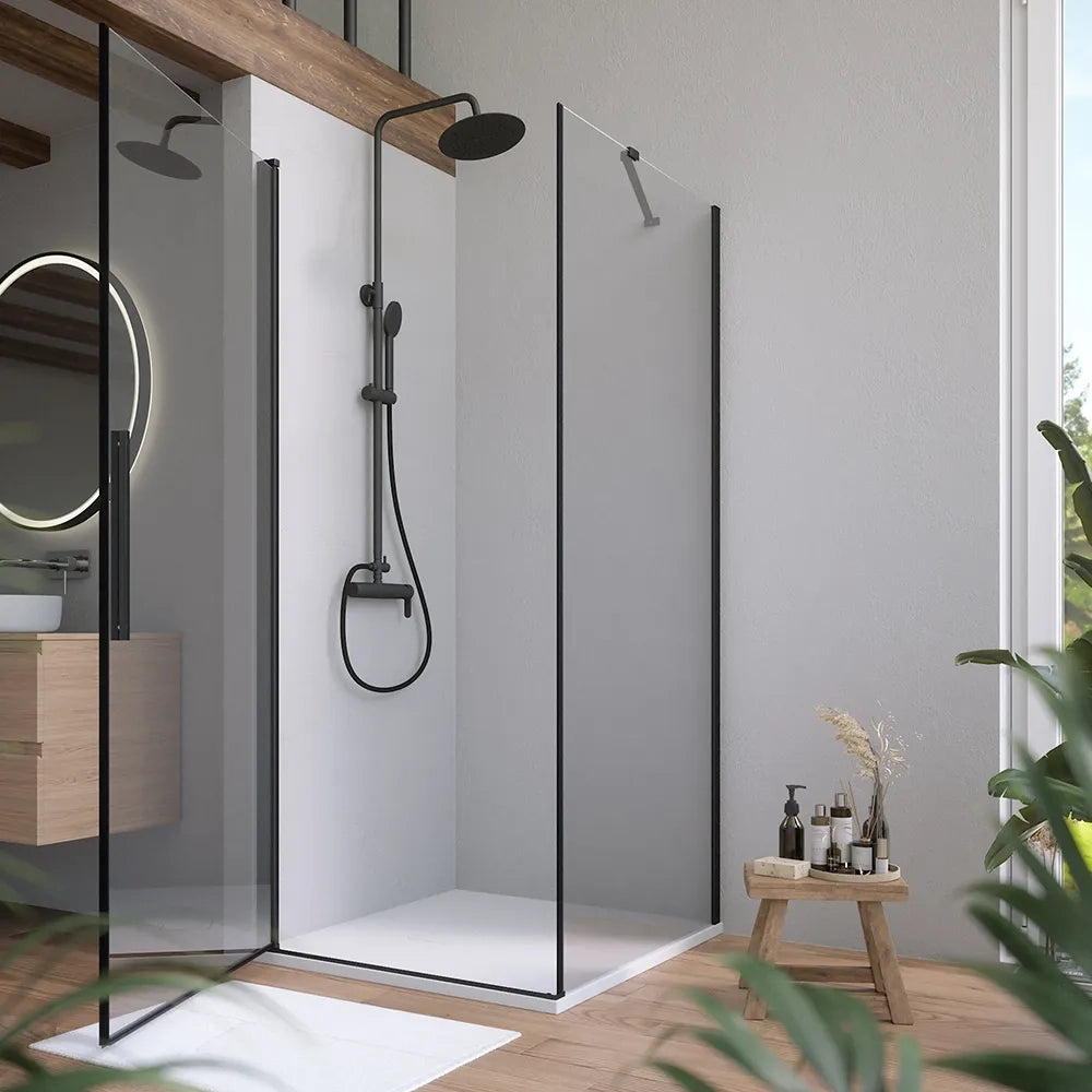 Box doccia 70x80cm con apertura a battente e parete fissa, profili nero opaco e vetro da 6mm trasparente h195 | Elba
