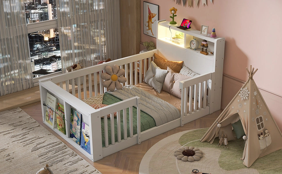Letto multifunzione per bambini 90 x 190 cm con sponde alte, USB, luce notturna e vano contenitore, bianco