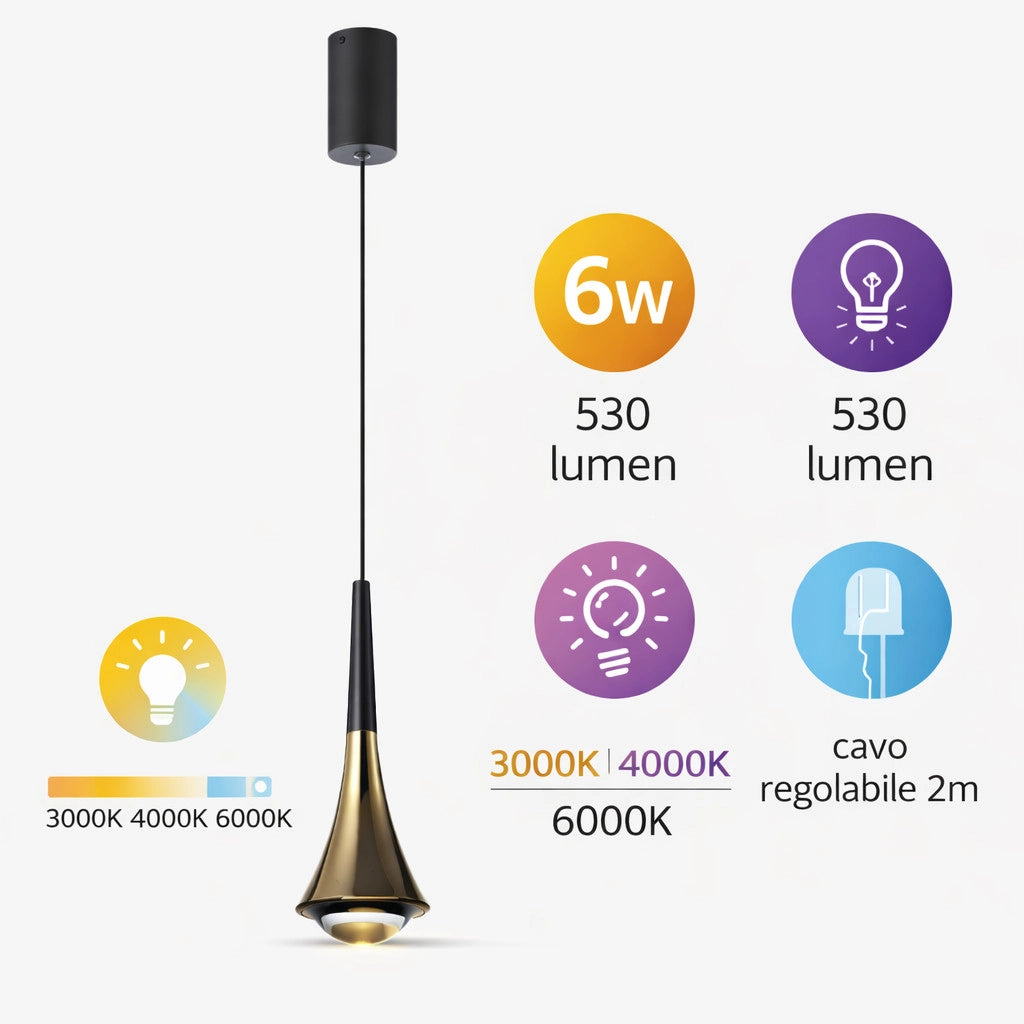 LAMPADA SOSPENSIONE LED 6W REGOLABILE 3 COLORI 3000K 4000K 6000K 530LM LP012