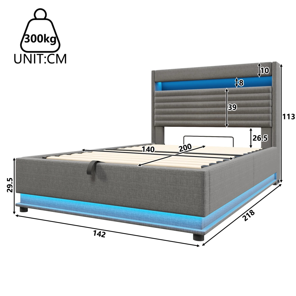 LETTO Contenitore 140x200 cm in lino grigio con LED e USB-C