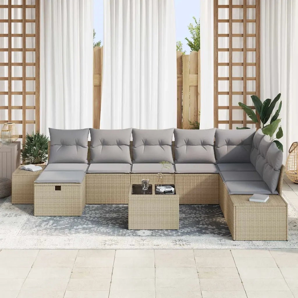 Set Divano da Giardino con cuscino 9 pcs Beige polyrattan