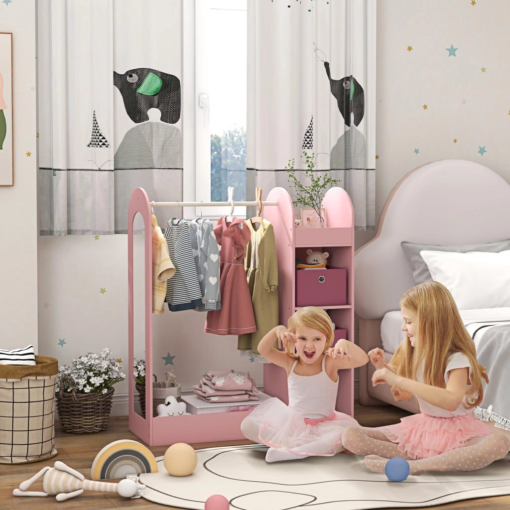 Armadio Bambini con Ante, Ripiani, Scatole e Specchio ¨C zephmum ¨C Legno, Rosa
