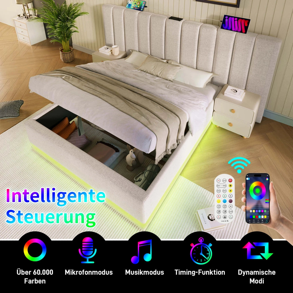 LETTO Contenitore 160x200 cm in Lino Beige con LED e ricarica USB
