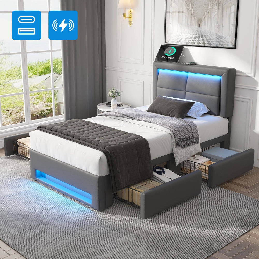Letto Imbottito con LED e Cassetti ¨C MINIMAL ¨C Grigio, 90x200 cm