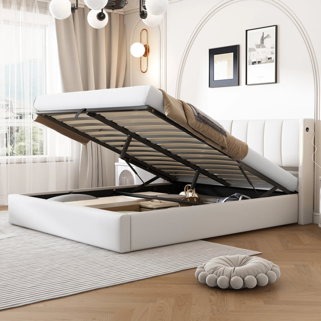 LETTO con contenitore 180x200 cm PU bianco con USB e LED