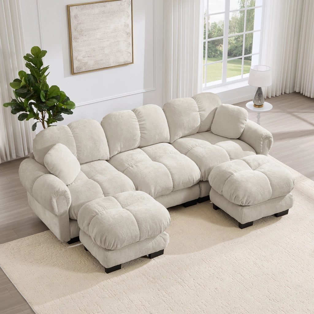 Divano angolare convertibile 3 posti con pouf mobile e cuscino, in Chenille, Beige chiaro