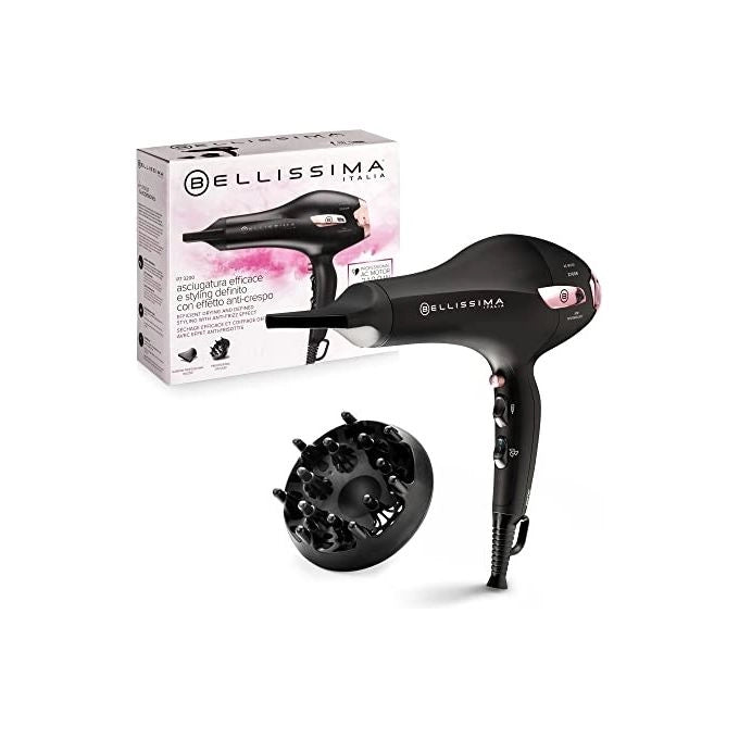 Bellissima 11858 P7 3200 Asciugacapelli 2100 W Ionizzatore Motore AC 2 Velocita' 3 Temperature Diffusore Ricci Custodia da Viaggio colore Nero Rosa