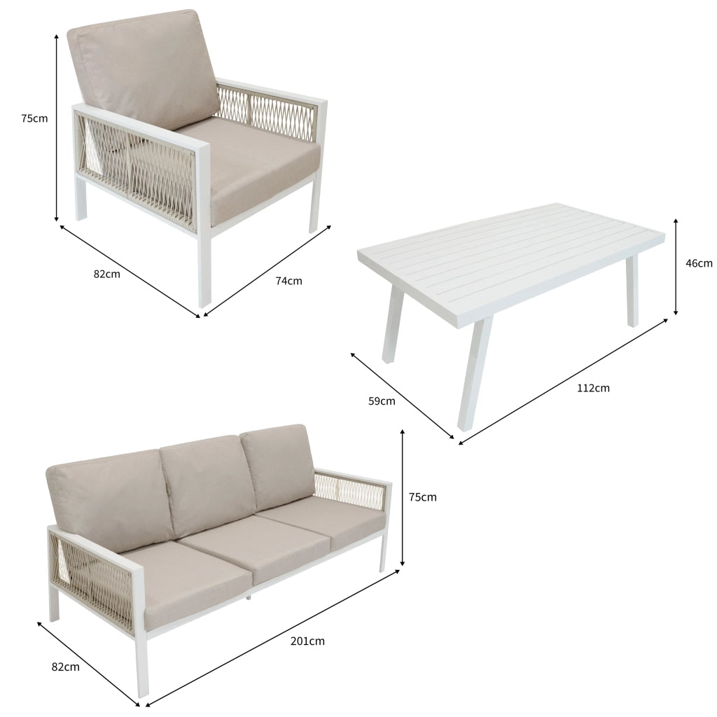 Set Mobili da Esterno 4 Pezzi in Alluminio Divano Tavolino Poltrone Bianco