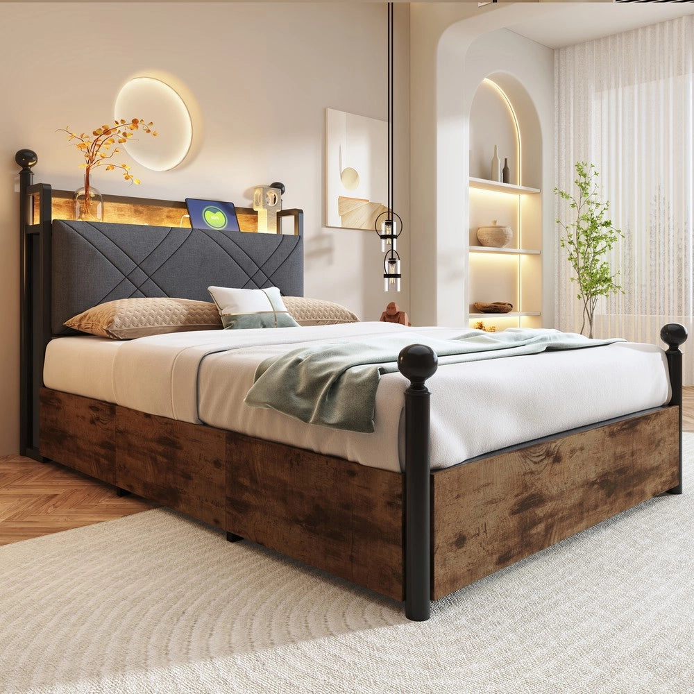 Letto Singolo con Baldacchino, Cassetti e LED ¨C MINIMAL ¨C 90x190, Ferro, con USB