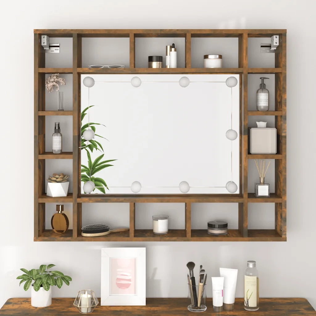 Mobile a Specchio con LED-Armadietto a Specchio Rovere Fumo 91x15x76,5 cm