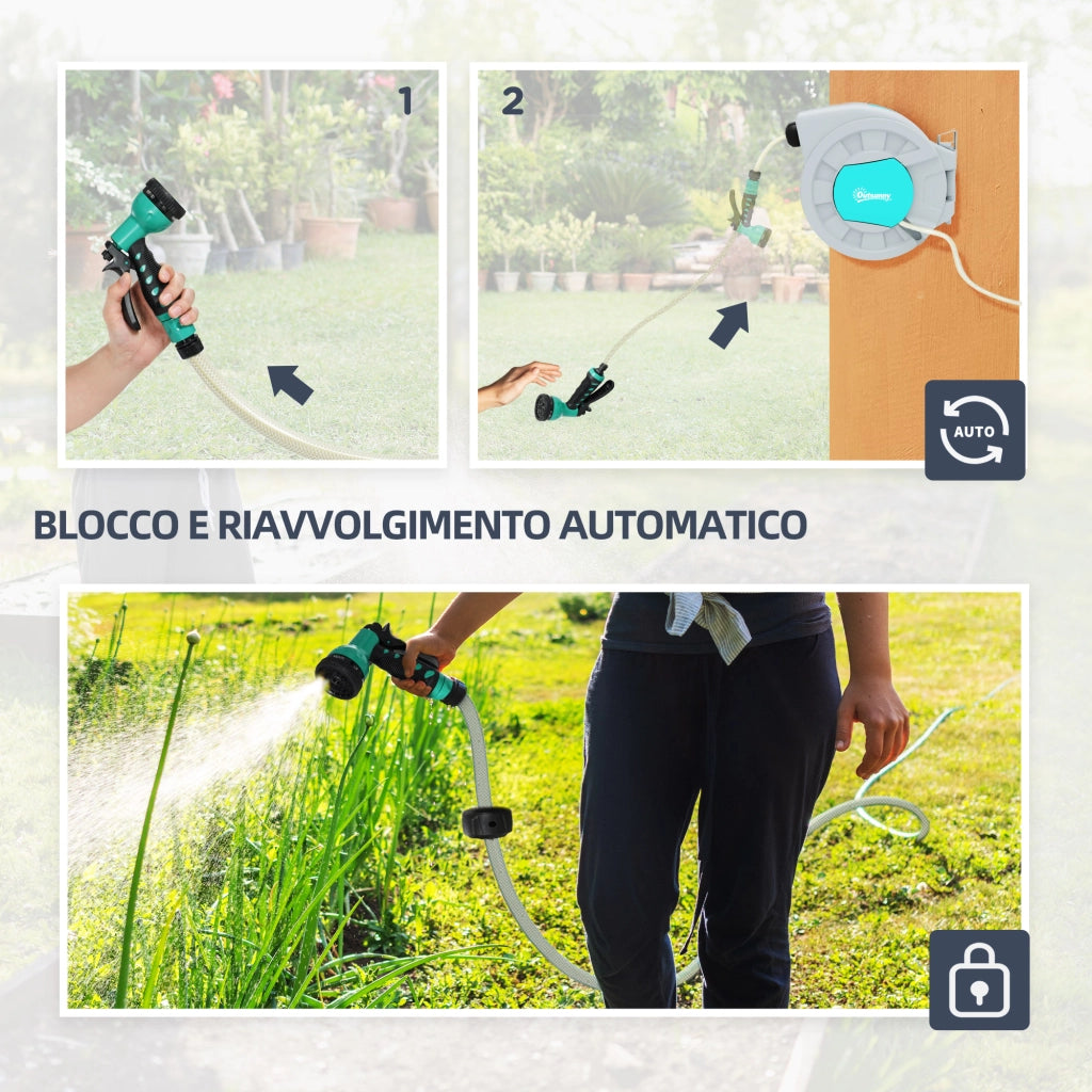 Avvolgitubo Automatico a Parete e Portatile Lunghezza 25+2 m, Sistema di Blocco e 7 Getti, Grigio