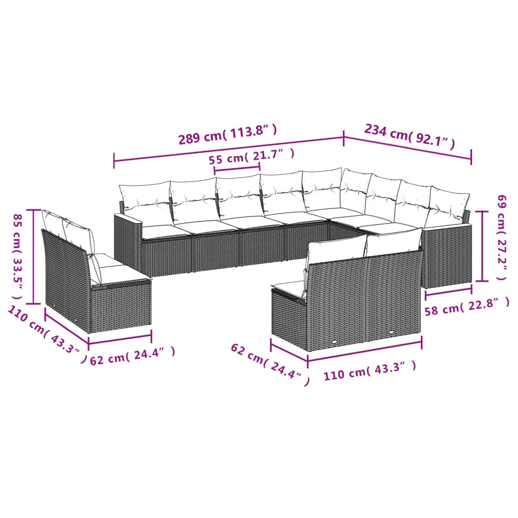 Set Divani da Giardino 12 pz con Cuscini Beige in Polyrattan