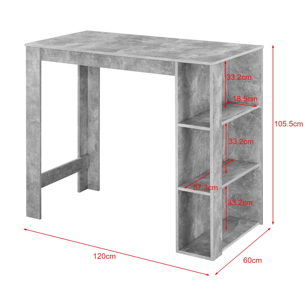 Tavolo Alto da Bar Danderyd Bancone a 3 Ripiani Laterali 120 x 60 x 106 cm - Effetto Cemento [en.casa]