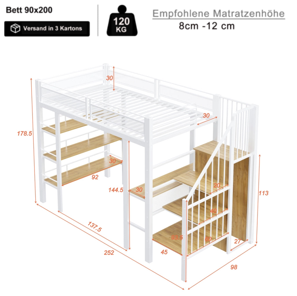 Letto a soppalco 90x200 multifunzionale con scrivania, ripiani e luce LED