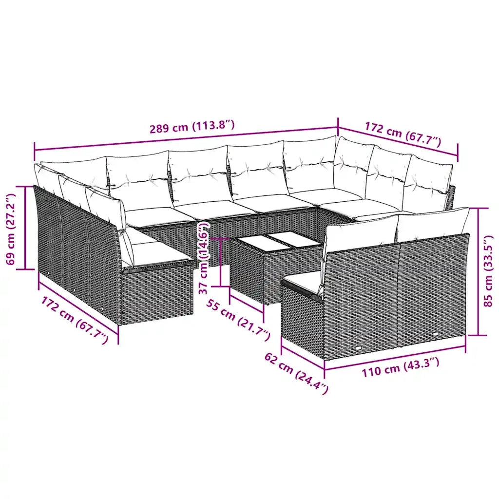 Set Divano Giardino 12 pz con Cuscini Grigio Chiaro Polyrattan 3218362