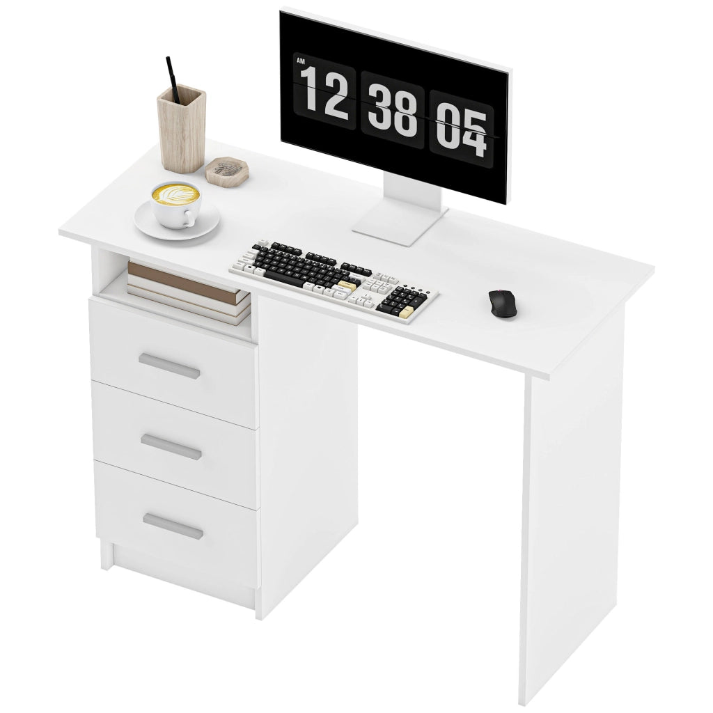Scrivania computer con 3 cassetti e ripiano ¨C zephmum ¨C bianco legno 100x40x75 cm