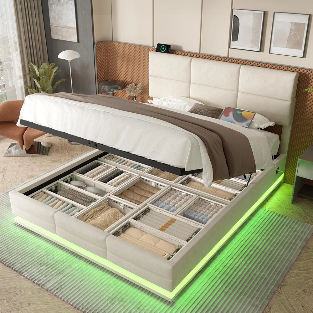 Letto 140x200cm?- Xylo - velluto USB LED idraulico beige