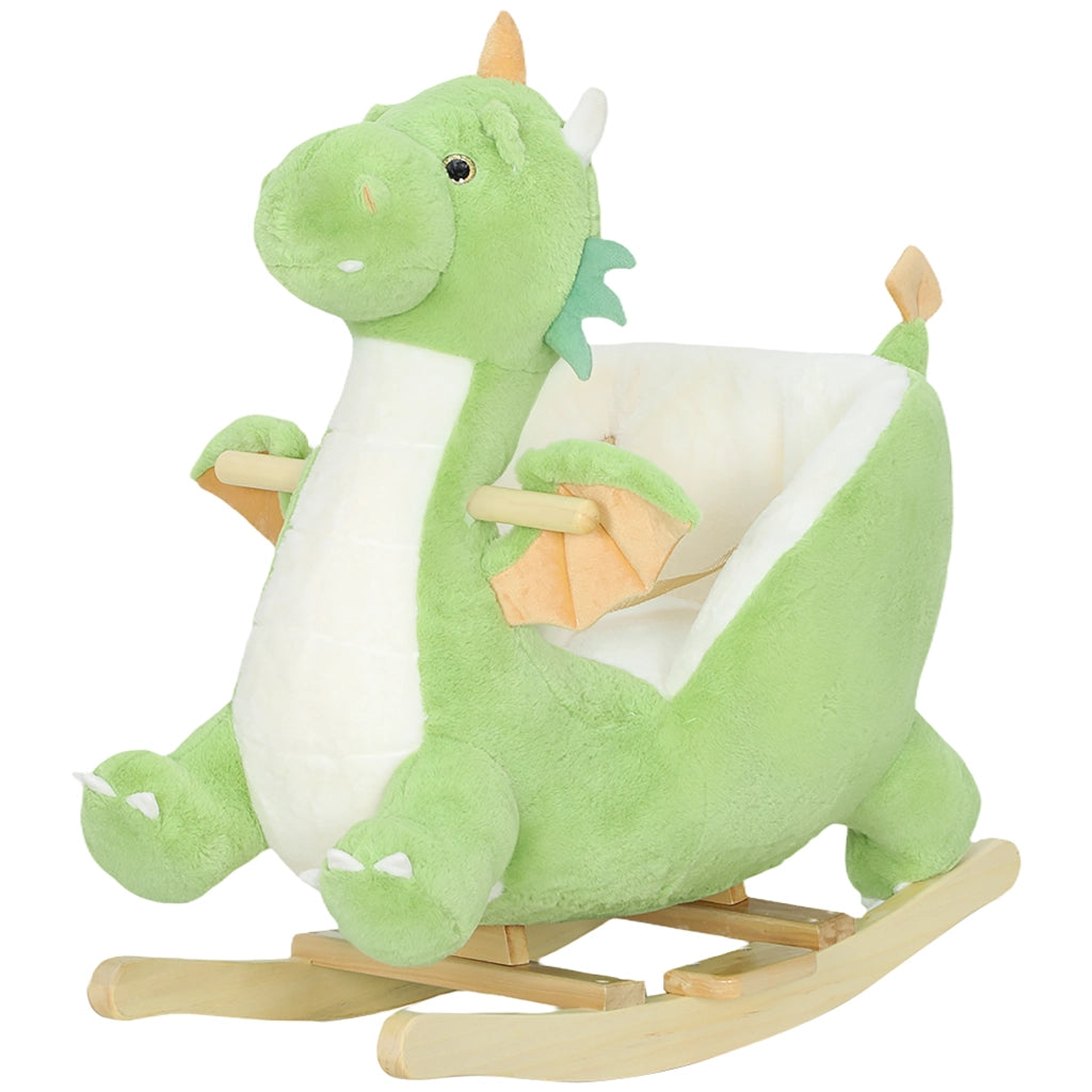 Cavallo a dondolo in peluche ¨C Xylo ¨C base legno con suono, verde, 18-36 mesi