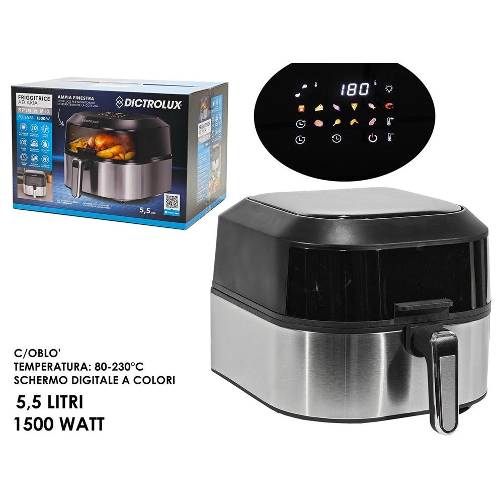 Trade Shop - Friggitrice Ad Aria 5,5 Litri 1500 Watt Con Luce Oblò Schermo Touch Digitale A Colori -