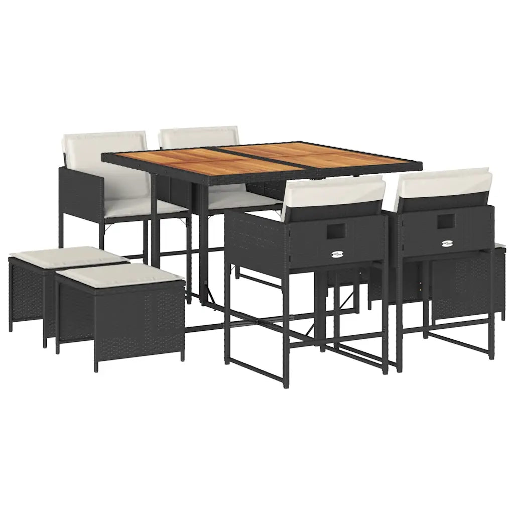 Set da Pranzo da Giardino 9 pz con Cuscini Nero in Polyrattan 3278090