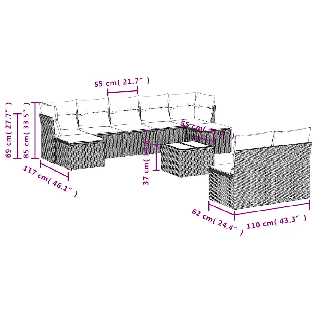 Set Divani da Giardino 10pz con Cuscini in Polyrattan Marrone 3250122