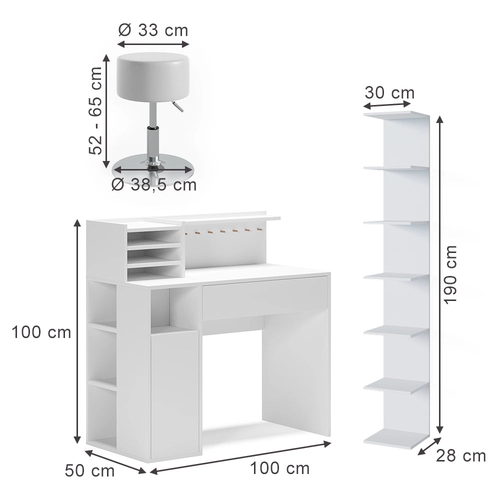 Vicco Scrivania Bianco 3 parti, con libreria e sgabello