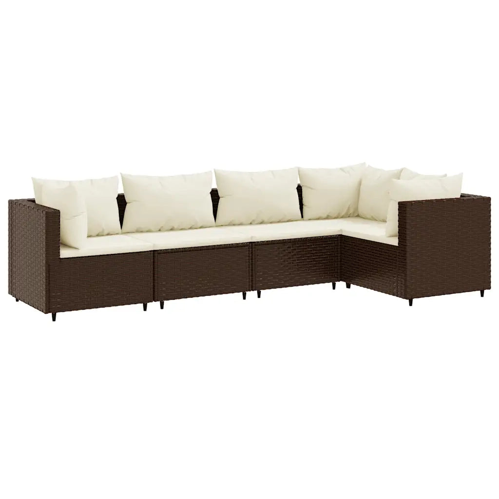 Set Divani da Giardino 5 pz con Cuscini Marrone in Polyrattan