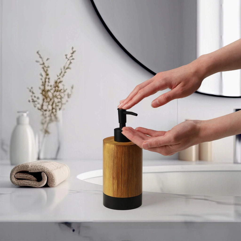 Set da bagno KADAX con dispenser di sapone per WC e bicchiere, colore marrone, set 2 in 1.