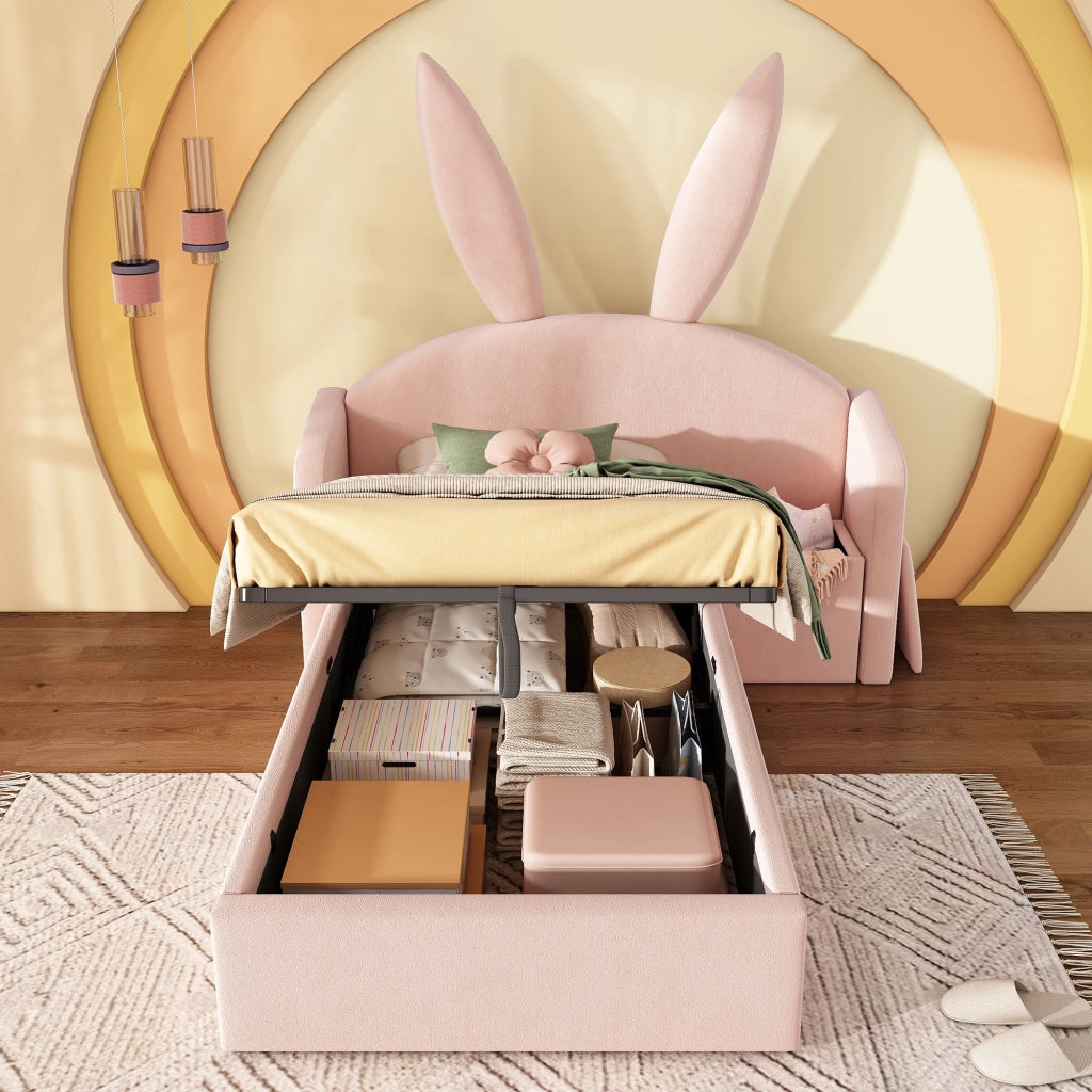 LETTO imbottito 90x200 cm Rosa in velluto con comodino laterale e contenitore