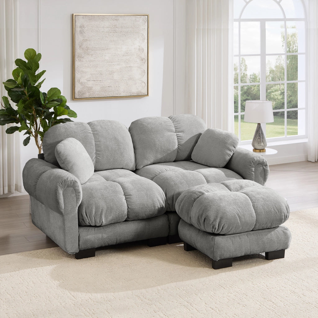 Divano angolare reversibile 2 posti in Chenille con cuscini trapuntati e pouf mobile, Grigio chiaro