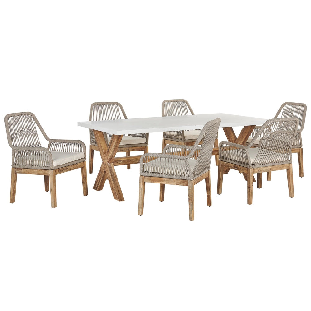 Set da Esterno con Tavolo in Cemento Sintetico  bianco e beige e 6 Sedie in Vimini
