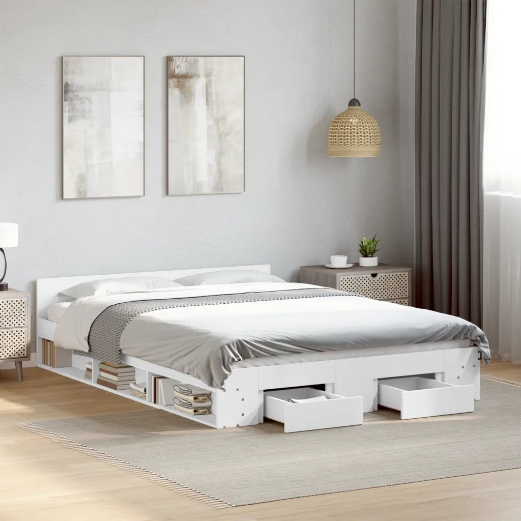 Letto matrimoniale | Letto per adulti | Giroletto con Cassetti Bianco 140x190 cm in Legno Multistrato