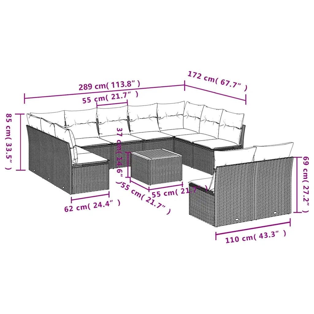 Set Divani da Giardino 12 pz con Cuscini Grigio in Polyrattan 3256222