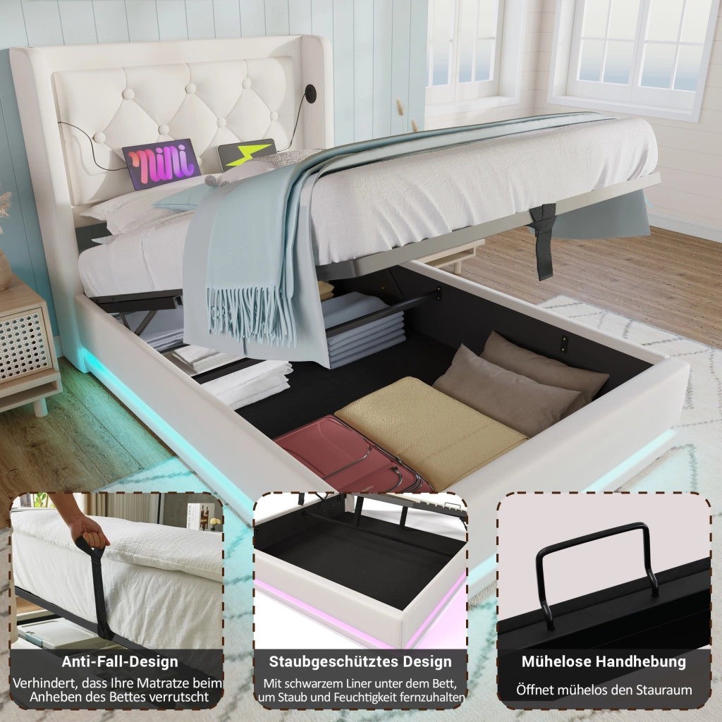 LETTO Imbottito 90x200 cm in PU Bianco con USB Tipo-C e LED, contenitore idraulico