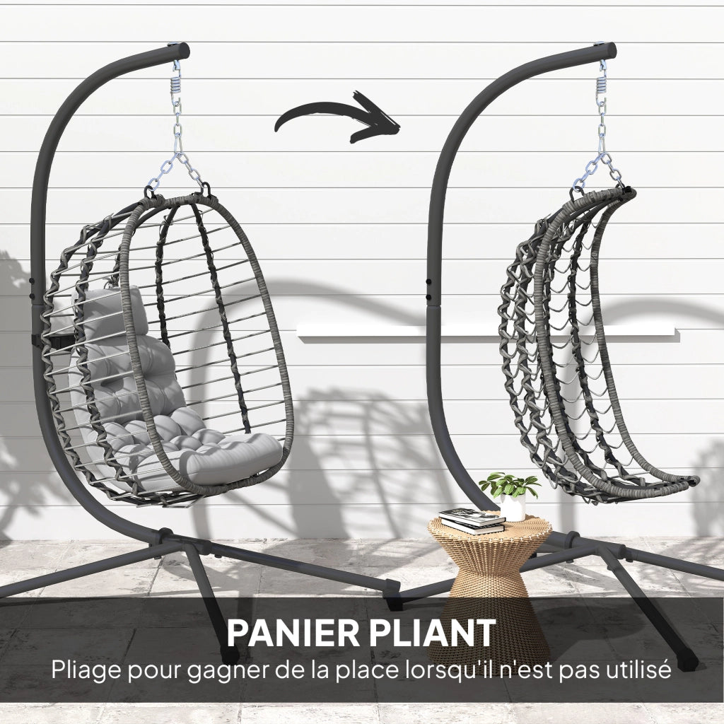 Poltrona sospesa pieghevole in rattan sintetico con supporto e cuscini, grigio