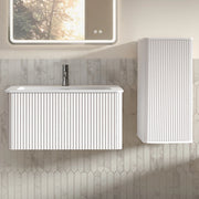 Mobile sottolavabo con lavabo e colonna bagno, con 2 elementi e vani contenitore, per bagno moderno, bianco