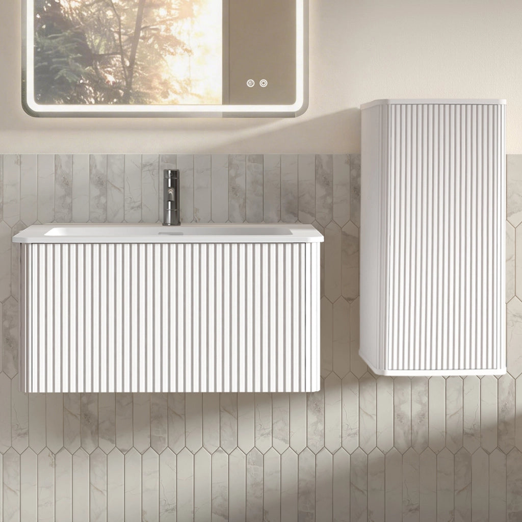 Mobile sottolavabo con lavabo e colonna bagno, con 2 elementi e vani contenitore, per bagno moderno, bianco