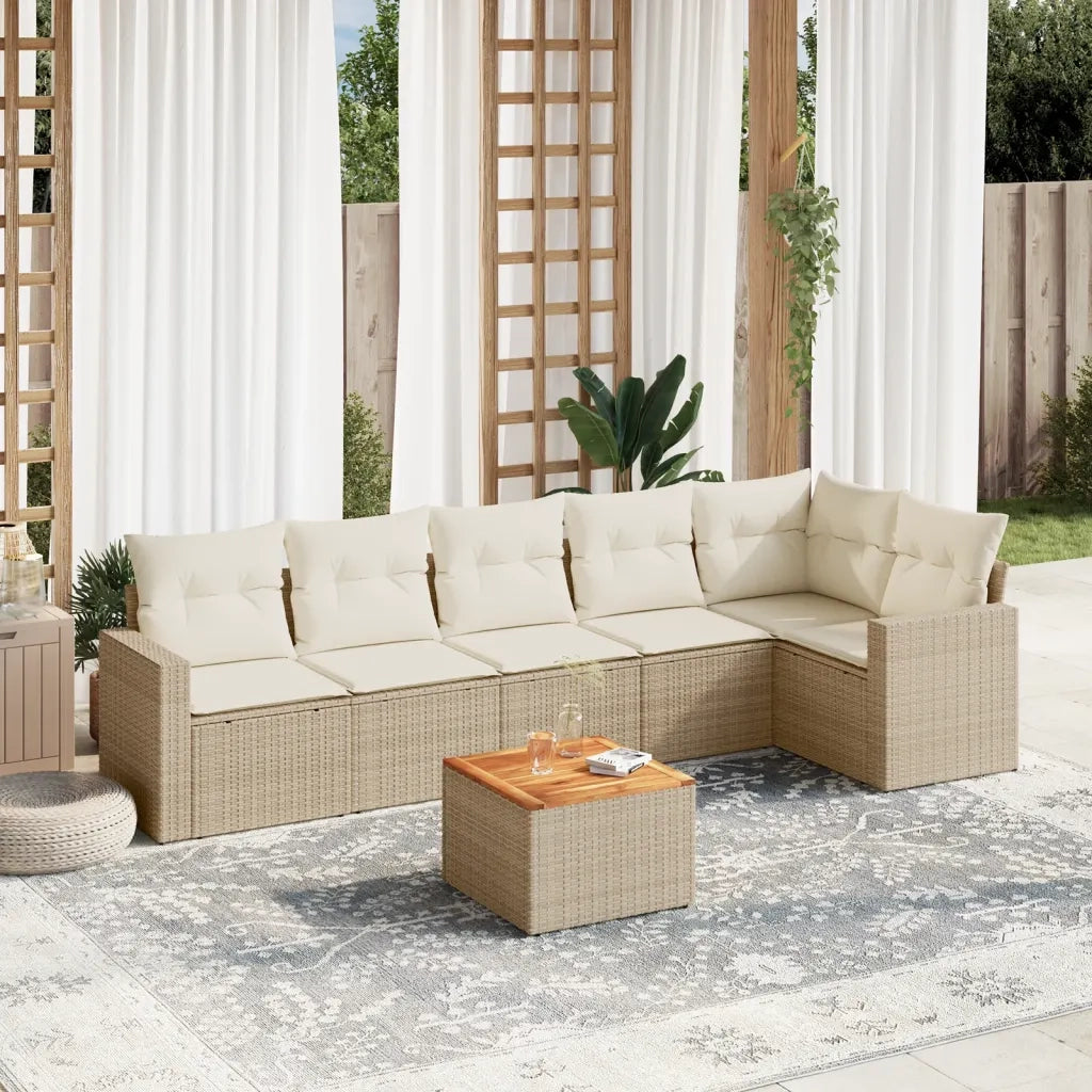 Set Divani da Giardino 7 pz con Cuscini Beige in Polyrattan