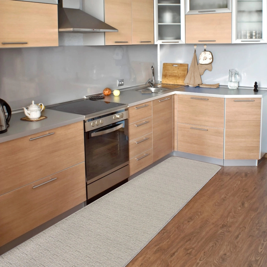 Tappeto Cucina Tinta Unita Striato 54x190 Cm Bordato Assorbente Passatoia Casa Antiscivolo Beige