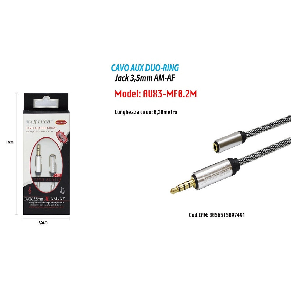 Trade Shop - Cavo Audio Jack 3,5 Mm Am/af 0.20mt Prolunga Aux Per Smartphone Maxtech Aux3-mf0.2m -