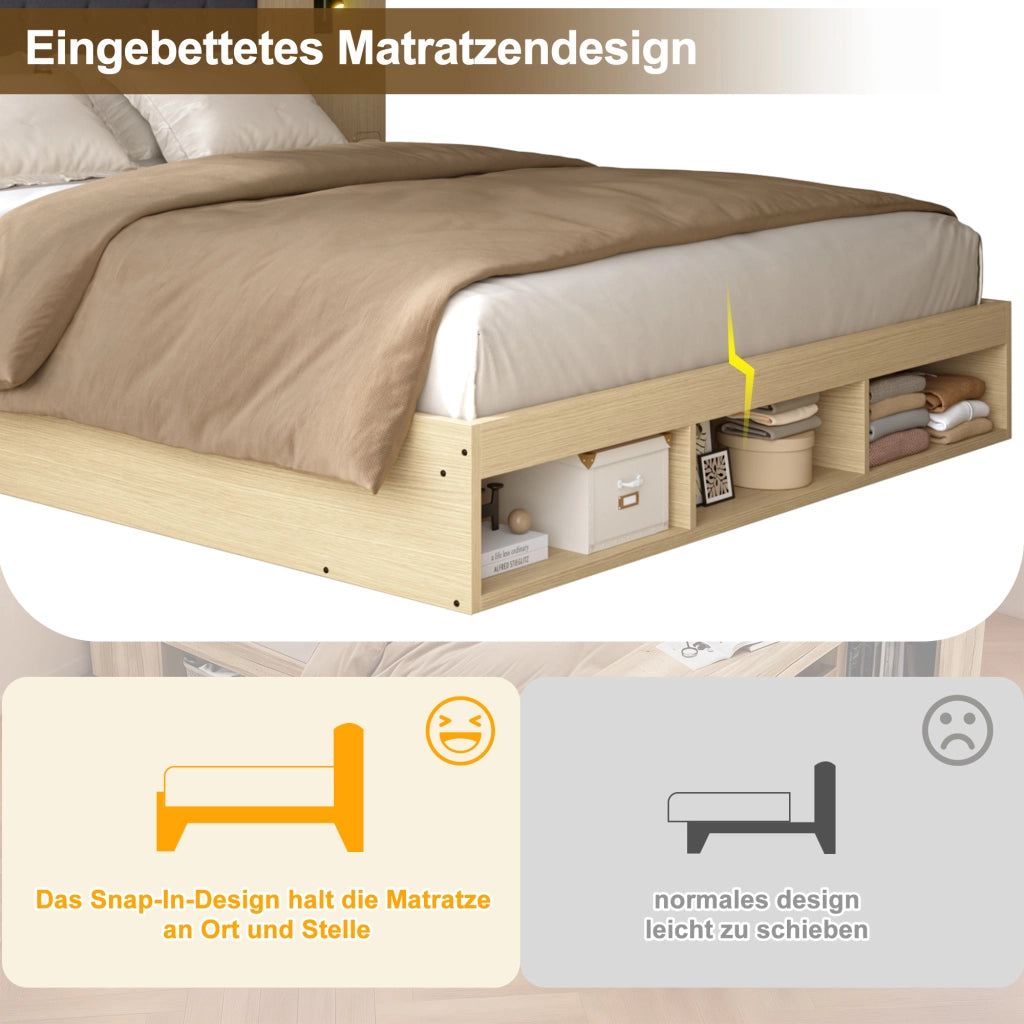 LETTO matrimoniale 180x200 cm con 2 comodini, USB e Type-C, rovere chiaro