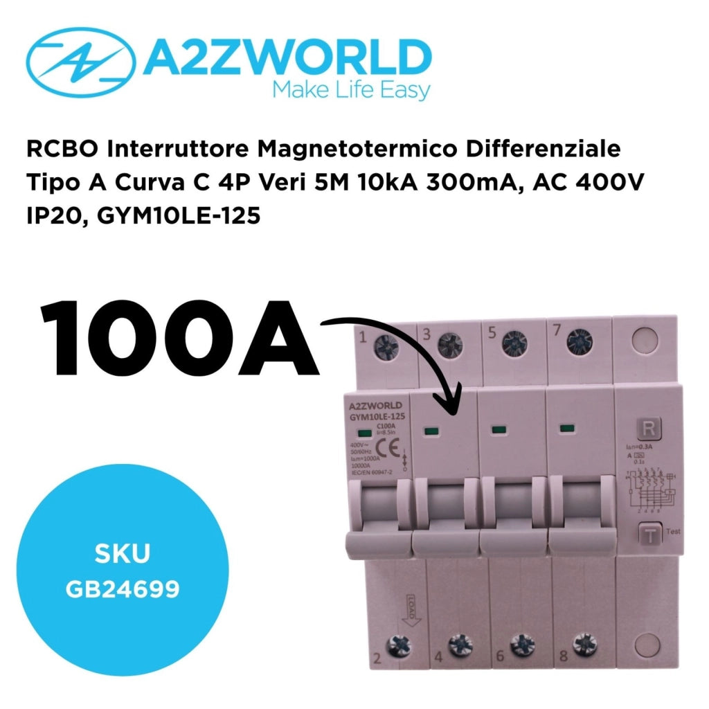 RCBO Interruttore Magnetotermico Differenziale Tipo A Curva C 4P Veri 5M 10kA 300mA, AC 400V IP20 GYM10LE-125, Disponibili 63A 80A 100A (C100A)