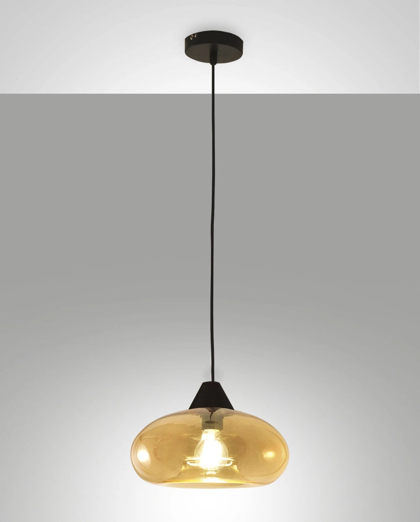 Lampada a Sospensione Ela 27cm in Metallo e Vetro Soffiato Ambra, attacco E27, design moderno ed elegante per illuminazione d'interni