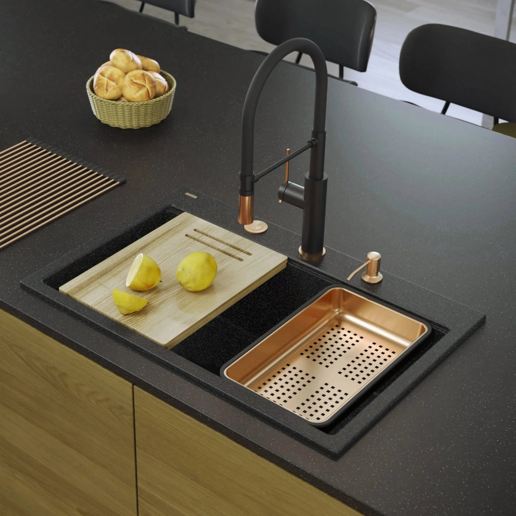 Lavello In Granito Marc 110 Workstation Black Metallic Tappo oro