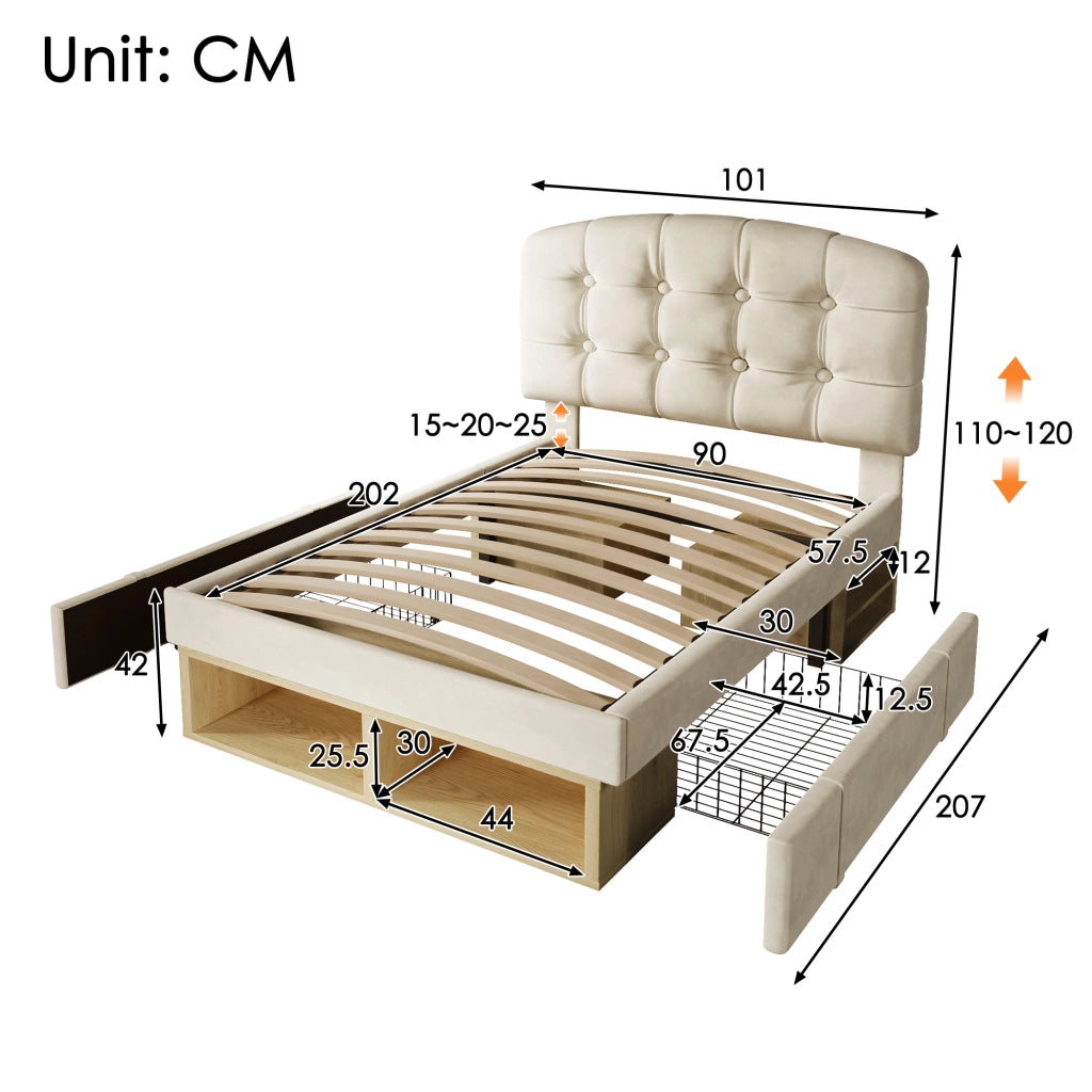 LETTO imbottito 90x200 cm in velluto beige con testiera regolabile e cassetti