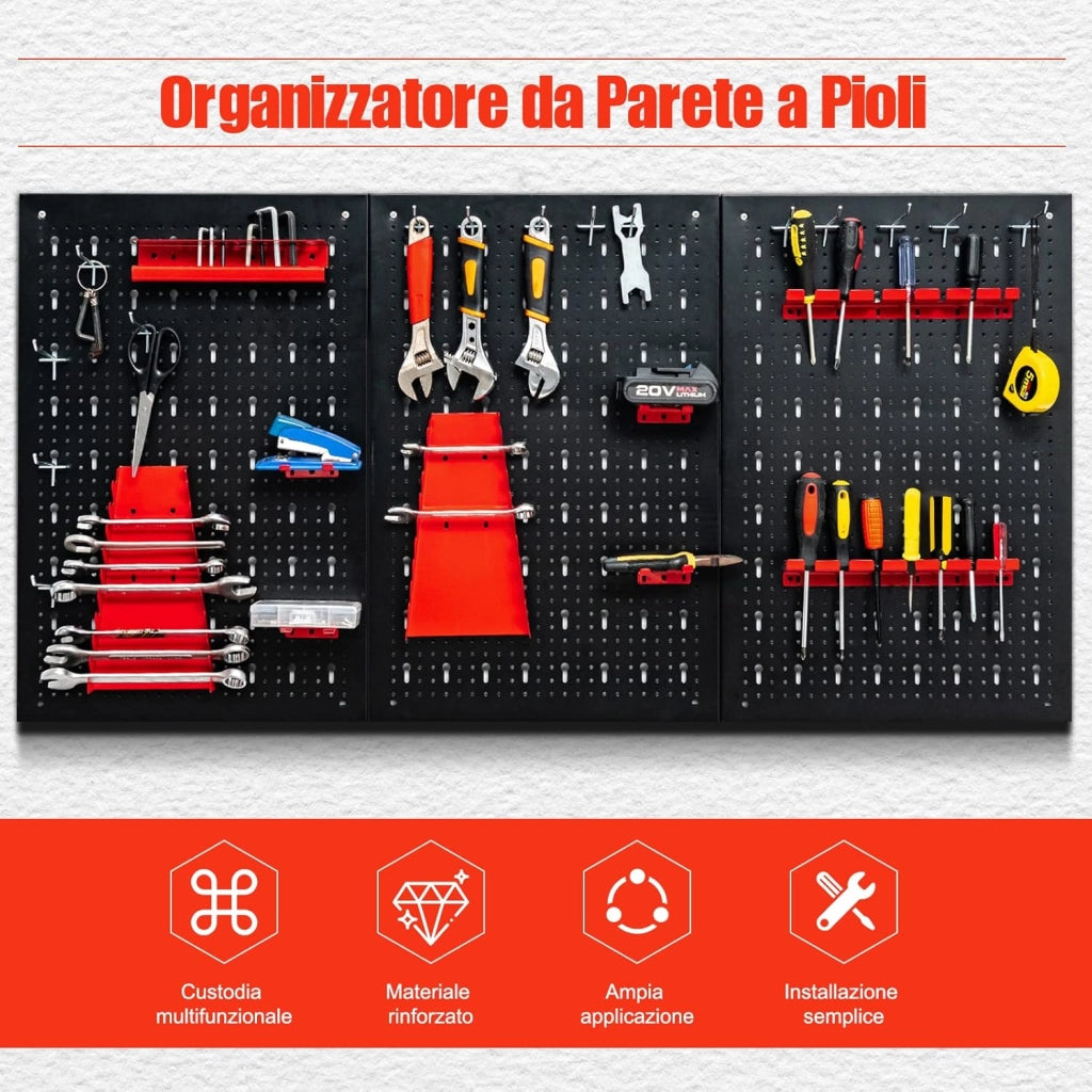 Pannello Forato Portautensili Parete per Attrezzi, Kit per Conservazione degli Attrezzi con 3 Pannelli Forati 25 Accessori, Ideale per Officina e Garage,120 x 60 x 2,5 cm