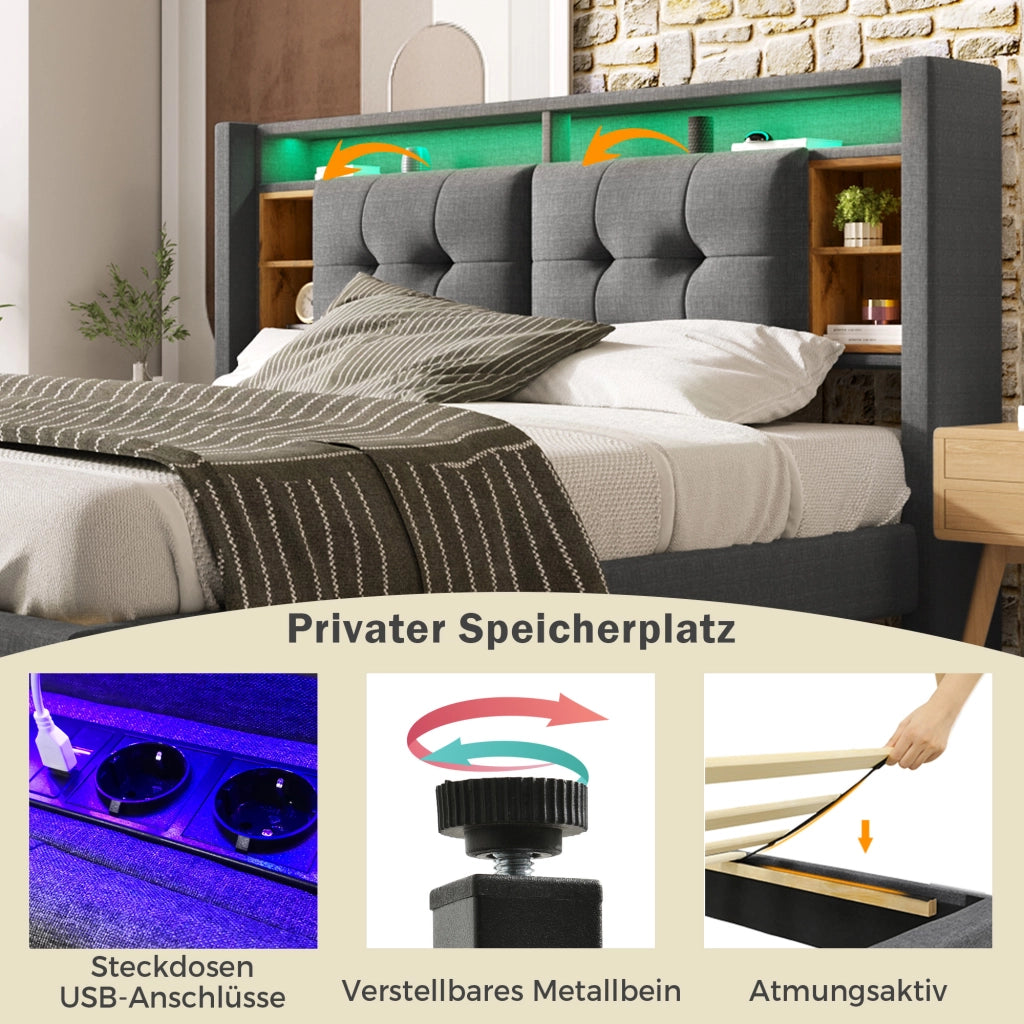 LETTO Matrimoniale 140x200 cm Grigio con testiera contenitore, LED e USB