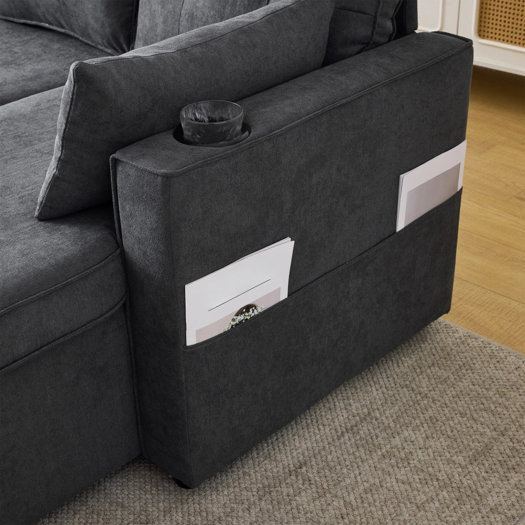 Divano letto L - Zephmum - Design moderno, bracciolo con portabicchieri, stoccaggio